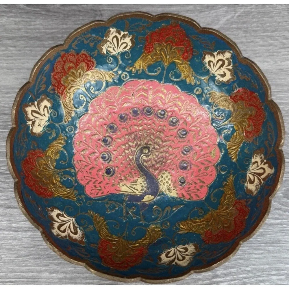 Vtg Brass‎ or Plated Bowl Trinket Dish w/ Peacock Floral Design India Scalloped